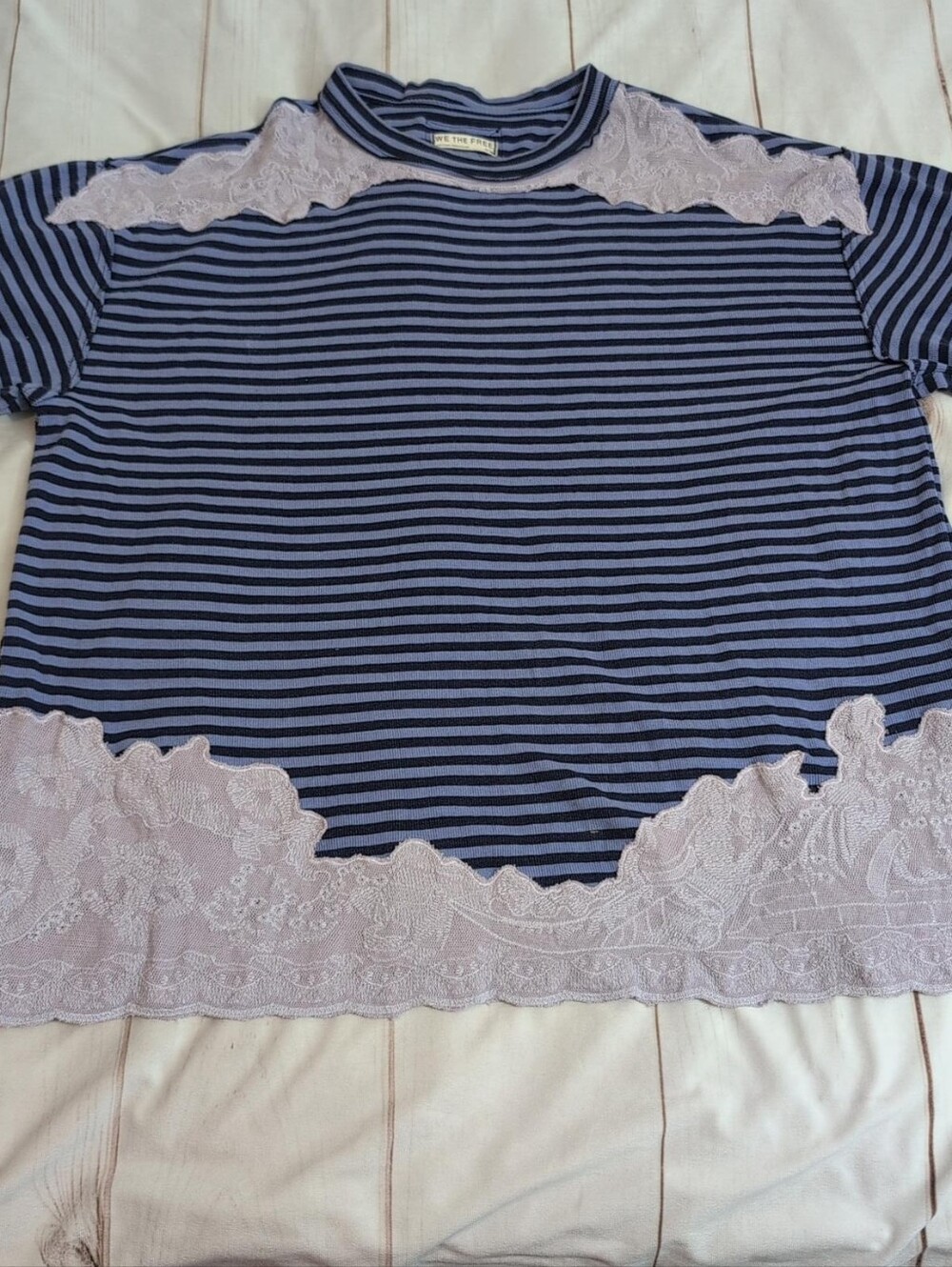 Free People We The Free Striped Lace Top Medium Blue Lavender Boho Mixed Media